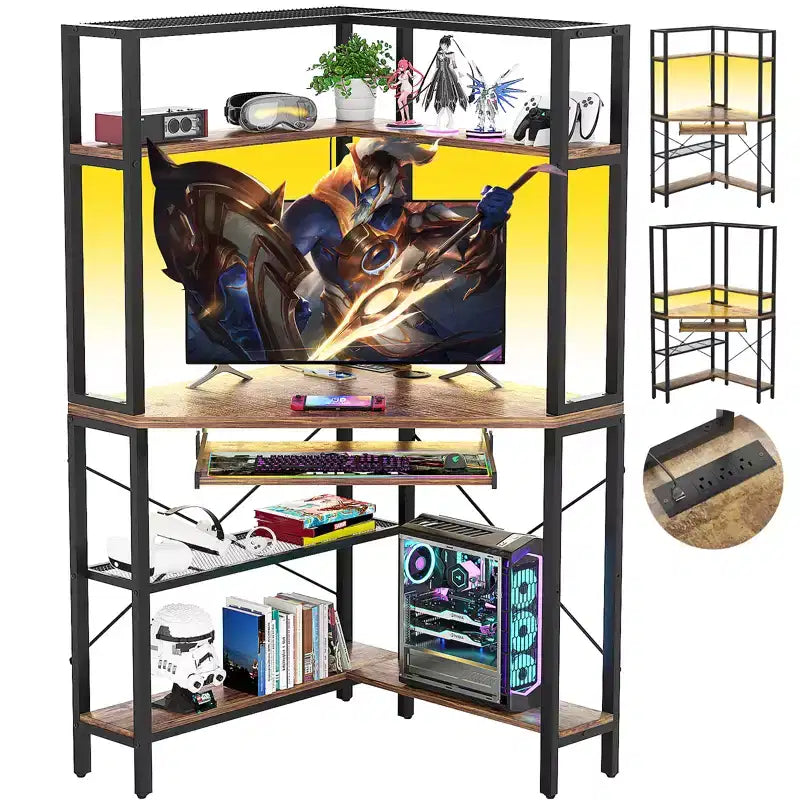 Besiost Corner Computer Desk with Hutch, Gaming Desk with Keyboard Tray for Home Office
