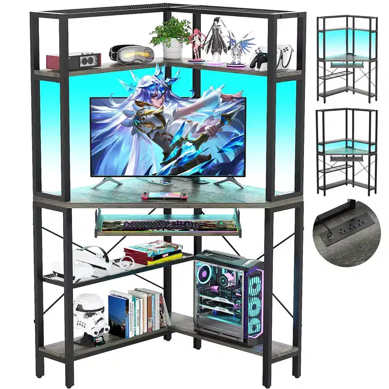 Besiost Corner Computer Desk with Hutch, Gaming Desk with Keyboard Tray for Home Office