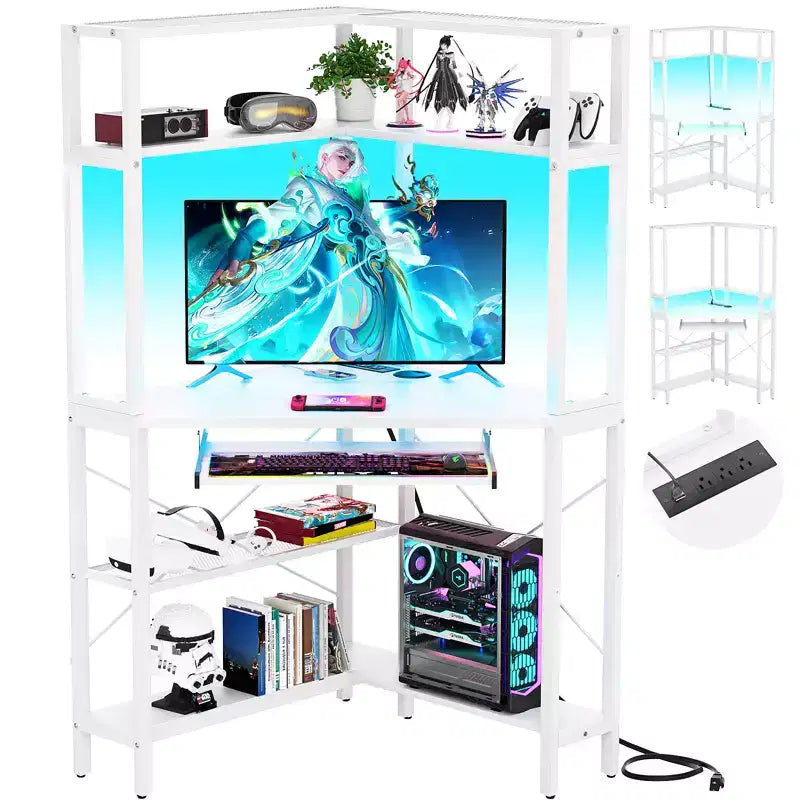 Besiost Corner Computer Desk with Hutch, Gaming Desk with Keyboard Tray for Home Office