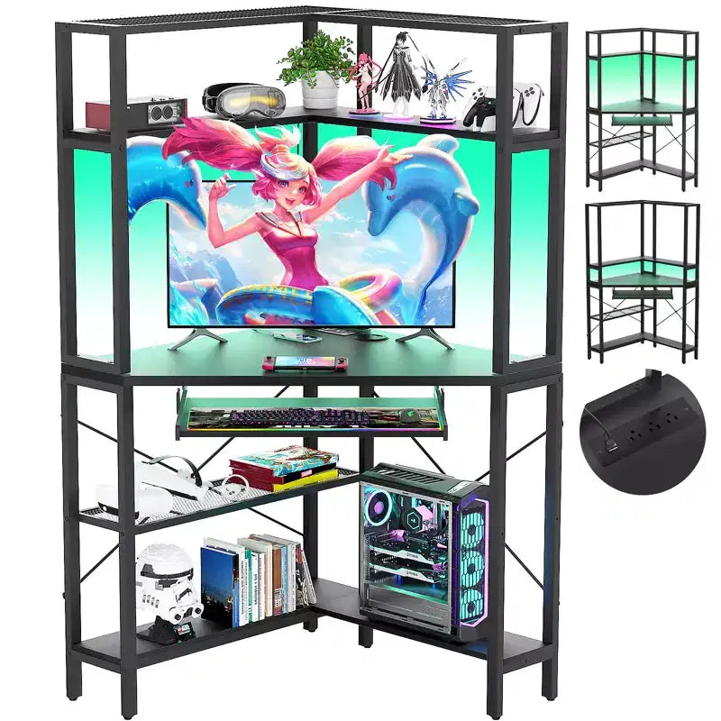 Besiost Corner Computer Desk with Hutch, Gaming Desk with Keyboard Tray for Home Office