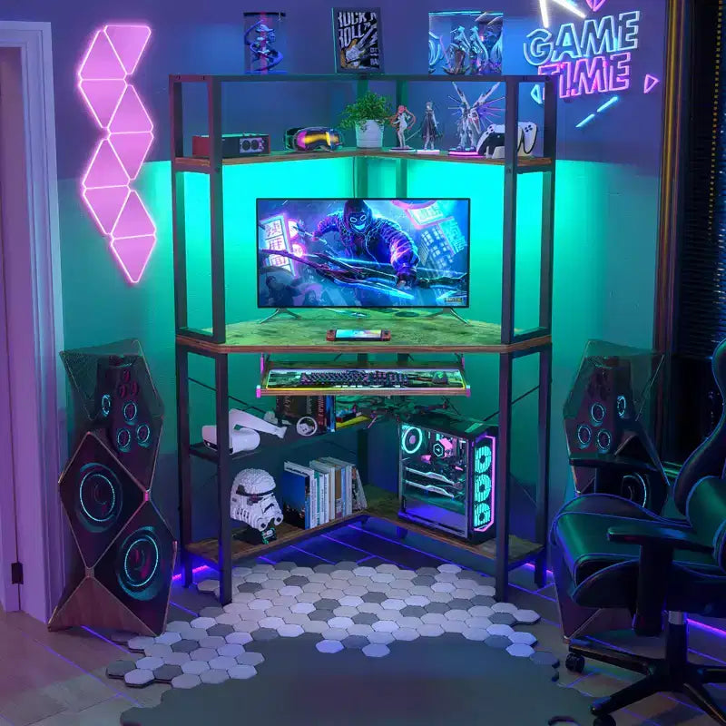 Besiost Corner Computer Desk with Hutch, Gaming Desk with Keyboard Tray for Home Office