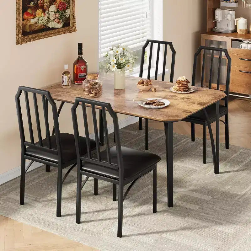 Dining Table for 4, Rectangular Kitchen Table and Upholstered Chairs for 4, 5 Piece Dining Room Table Set