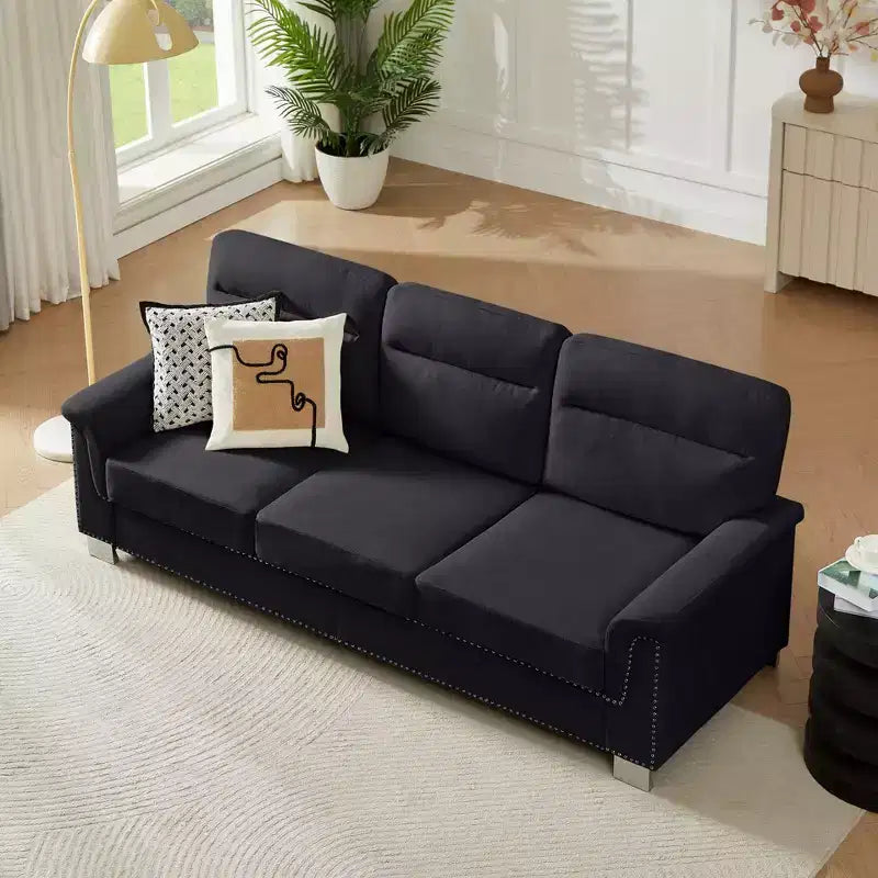 GDFStudio Prylo 82 Modern 3-Seater Iron and Wood Snow-Velvet Upholstered Sofa with Nailhead Trim