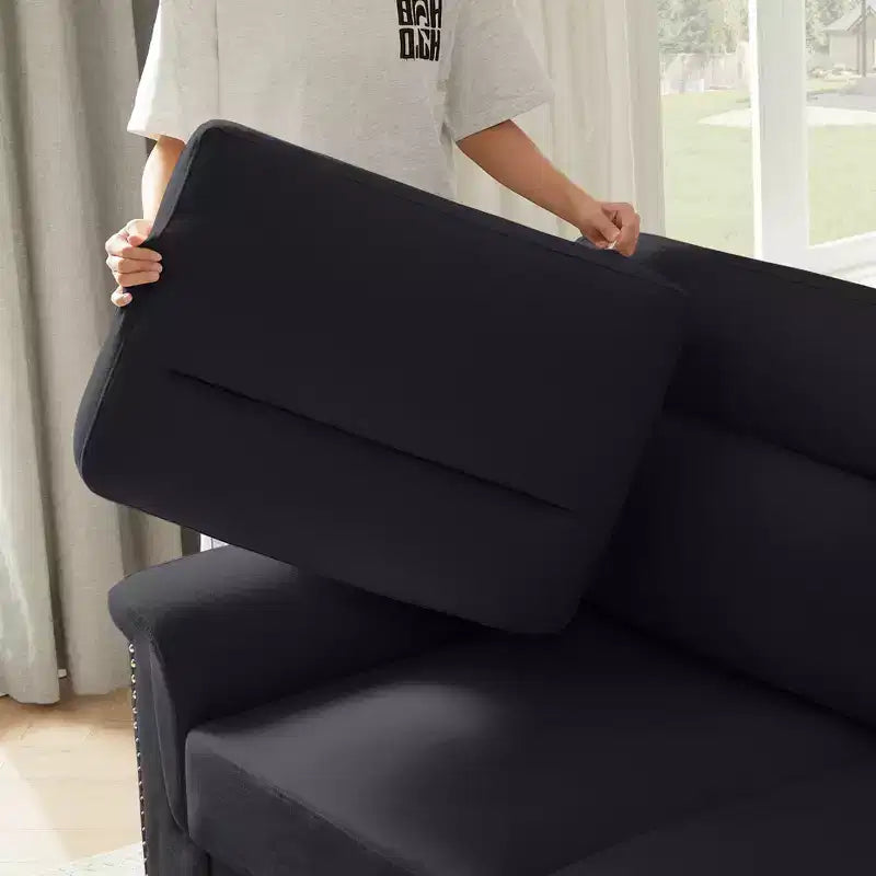 GDFStudio Prylo 82 Modern 3-Seater Iron and Wood Snow-Velvet Upholstered Sofa with Nailhead Trim