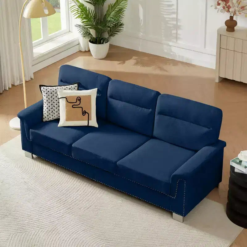 GDFStudio Prylo 82 Modern 3-Seater Iron and Wood Snow-Velvet Upholstered Sofa with Nailhead Trim