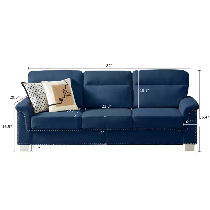 GDFStudio Prylo 82 Modern 3-Seater Iron and Wood Snow-Velvet Upholstered Sofa with Nailhead Trim