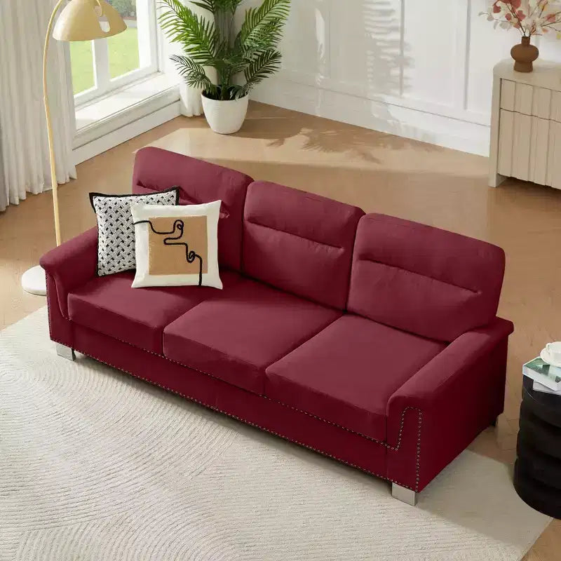 GDFStudio Prylo 82 Modern 3-Seater Iron and Wood Snow-Velvet Upholstered Sofa with Nailhead Trim