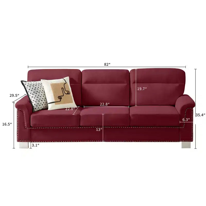 GDFStudio Prylo 82 Modern 3-Seater Iron and Wood Snow-Velvet Upholstered Sofa with Nailhead Trim