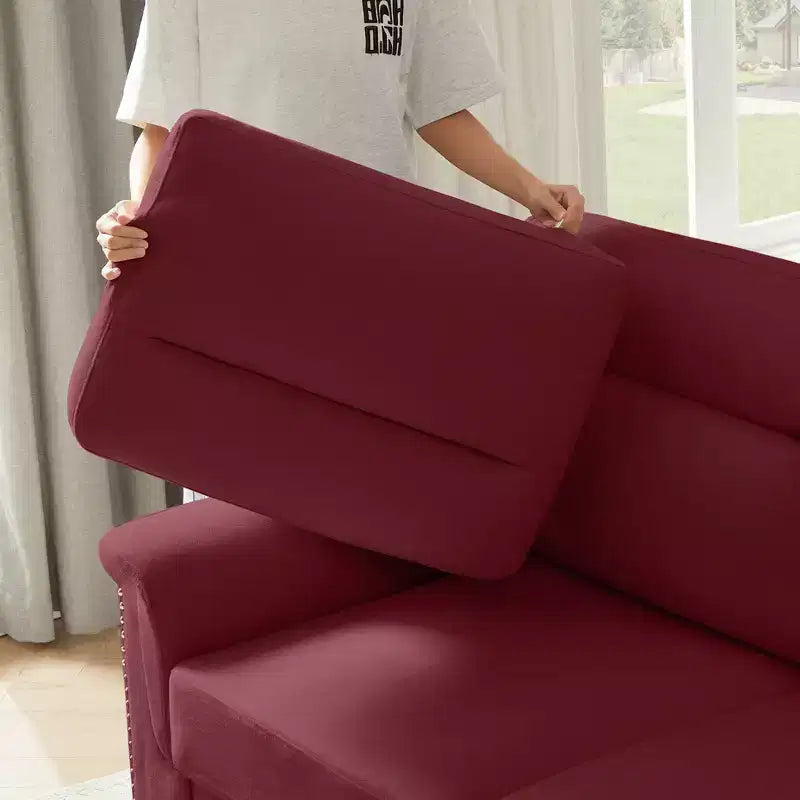 GDFStudio Prylo 82 Modern 3-Seater Iron and Wood Snow-Velvet Upholstered Sofa with Nailhead Trim