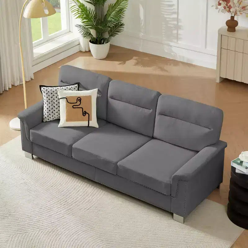GDFStudio Prylo 82 Modern 3-Seater Iron and Wood Snow-Velvet Upholstered Sofa with Nailhead Trim