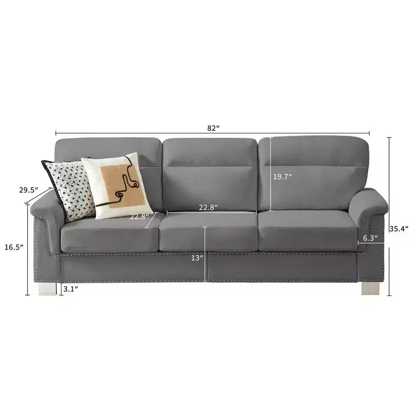 GDFStudio Prylo 82 Modern 3-Seater Iron and Wood Snow-Velvet Upholstered Sofa with Nailhead Trim