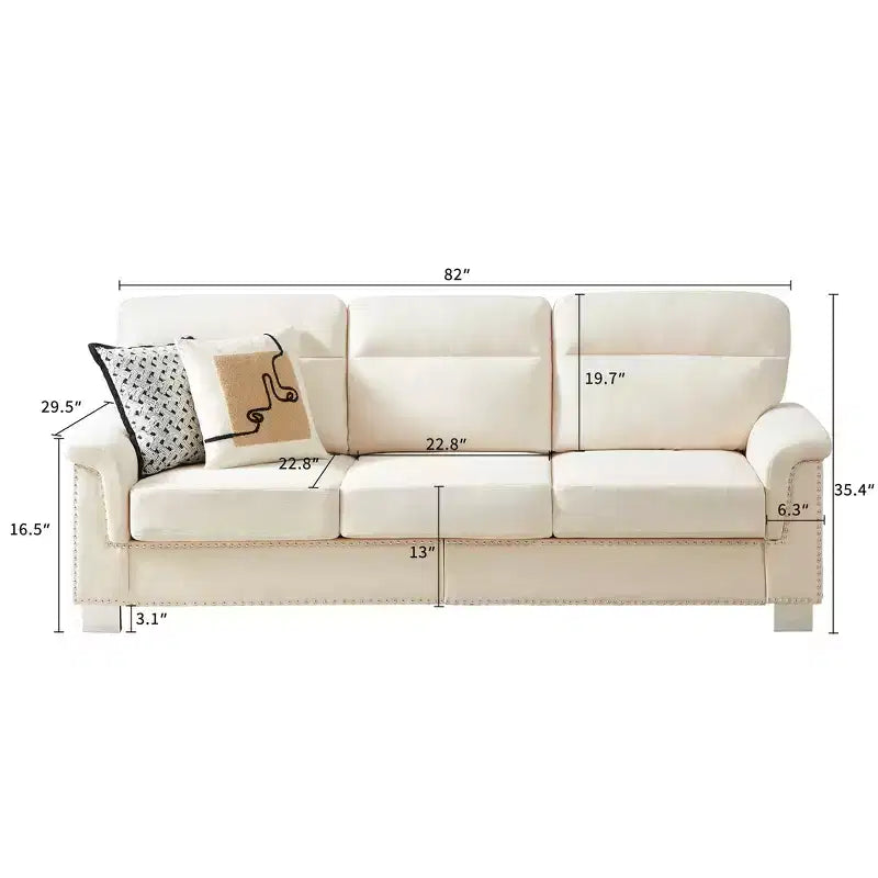 GDFStudio Prylo 82 Modern 3-Seater Iron and Wood Snow-Velvet Upholstered Sofa with Nailhead Trim