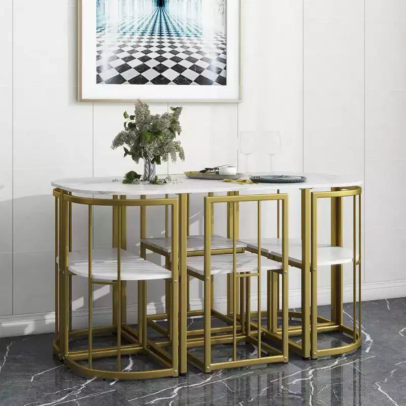 GDFStudio Tova Modern 7 Piece Metal Dining Set with Wooden Top and Triangular Chair Design