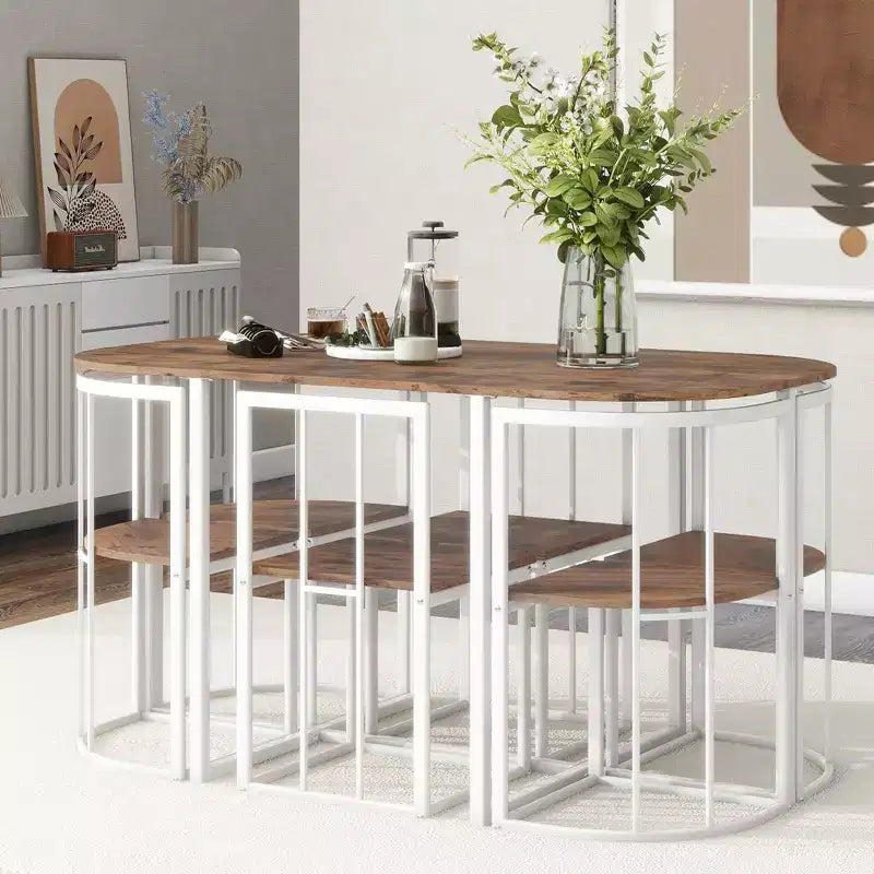 GDFStudio Tova Modern 7 Piece Metal Dining Set with Wooden Top and Triangular Chair Design