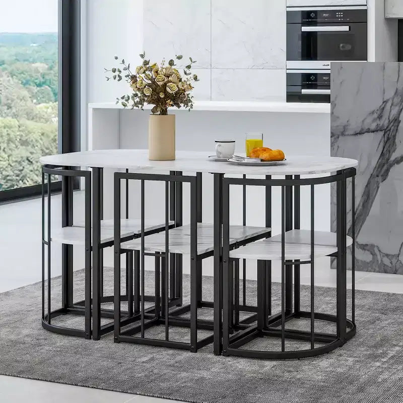 GDFStudio Tova Modern 7 Piece Metal Dining Set with Wooden Top and Triangular Chair Design