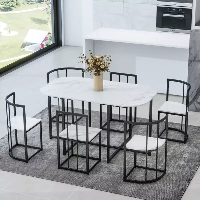 GDFStudio Tova Modern 7 Piece Metal Dining Set with Wooden Top and Triangular Chair Design