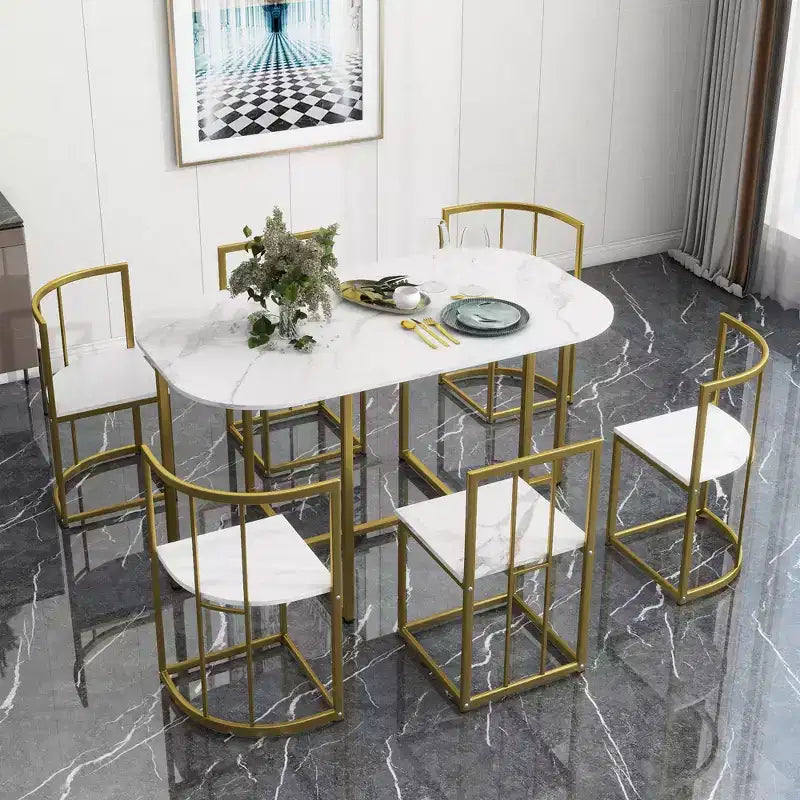 GDFStudio Tova Modern 7 Piece Metal Dining Set with Wooden Top and Triangular Chair Design