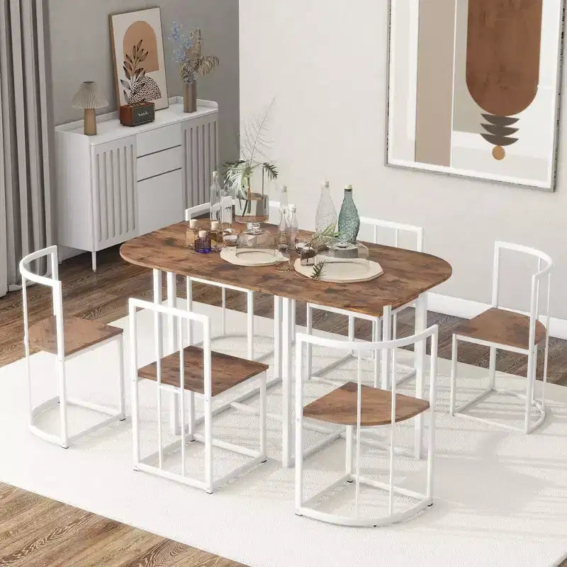GDFStudio Tova Modern 7 Piece Metal Dining Set with Wooden Top and Triangular Chair Design