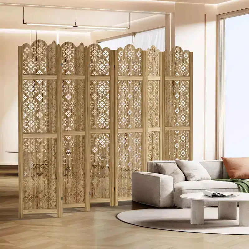 PexFix Carved Room Divider Folding Screen Room Divider with Copper Coin Pattern for Home Office Garden Terrace Paulownia Wood