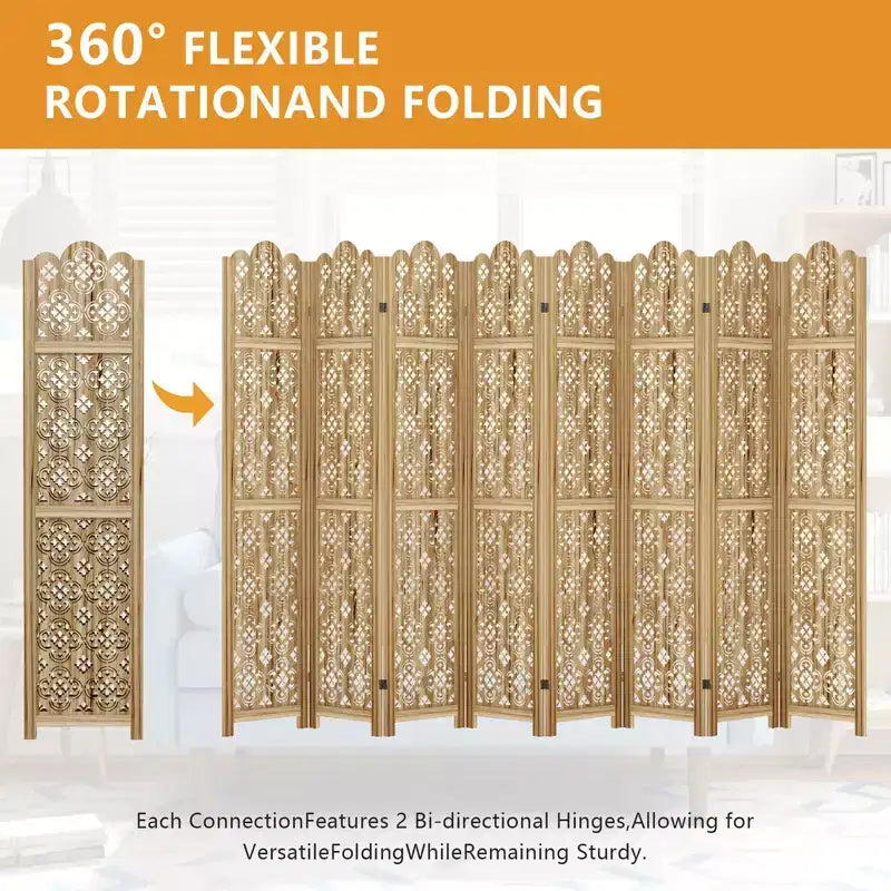 PexFix Carved Room Divider Folding Screen Room Divider with Copper Coin Pattern for Home Office Garden Terrace Paulownia Wood