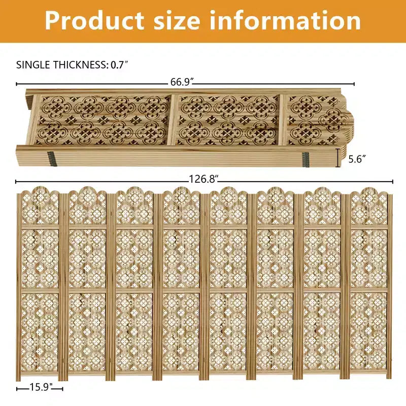 PexFix Carved Room Divider Folding Screen Room Divider with Copper Coin Pattern for Home Office Garden Terrace Paulownia Wood