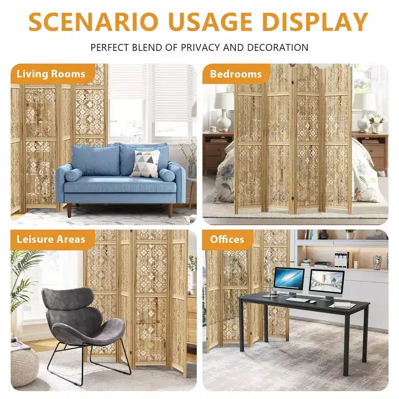 PexFix Carved Room Divider Folding Screen Room Divider with Copper Coin Pattern for Home Office Garden Terrace Paulownia Wood