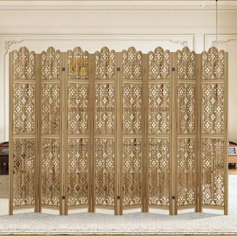 PexFix Carved Room Divider Folding Screen Room Divider with Copper Coin Pattern for Home Office Garden Terrace Paulownia Wood