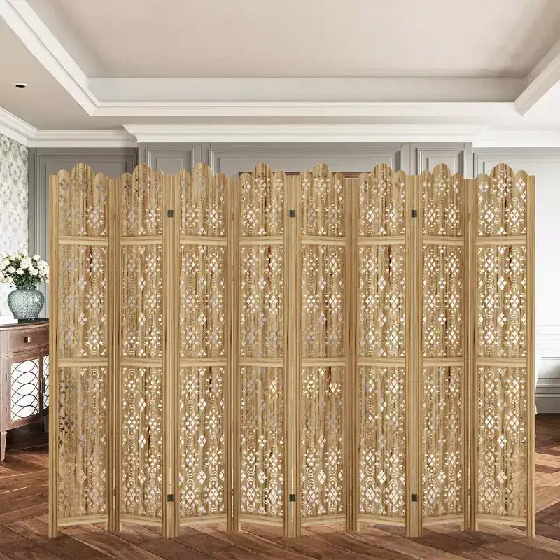 PexFix Carved Room Divider Folding Screen Room Divider with Copper Coin Pattern for Home Office Garden Terrace Paulownia Wood