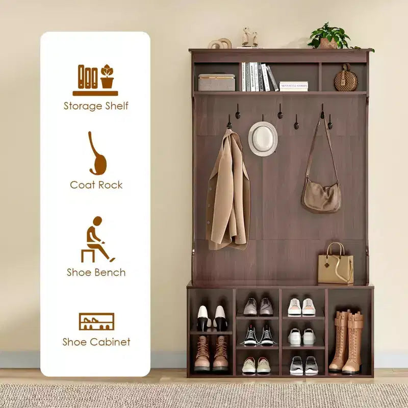 Okak 70.9IN Tall Storage Cabinet with Bench and Shelves, Freestanding Entryway Cabinet with 7 Coat Racks, Entryway Shoe Storage
