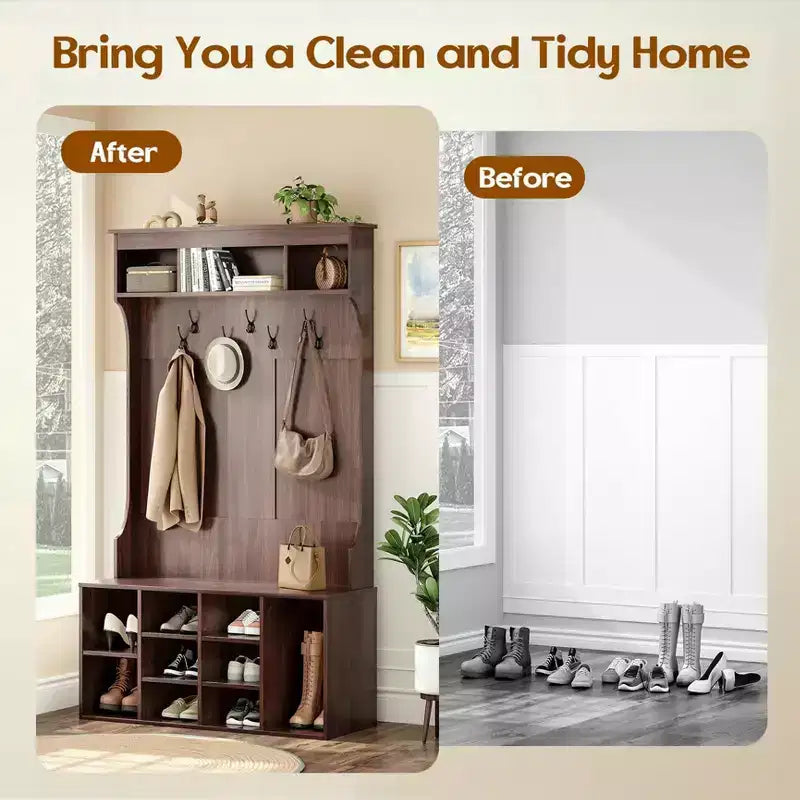 Okak 70.9IN Tall Storage Cabinet with Bench and Shelves, Freestanding Entryway Cabinet with 7 Coat Racks, Entryway Shoe Storage