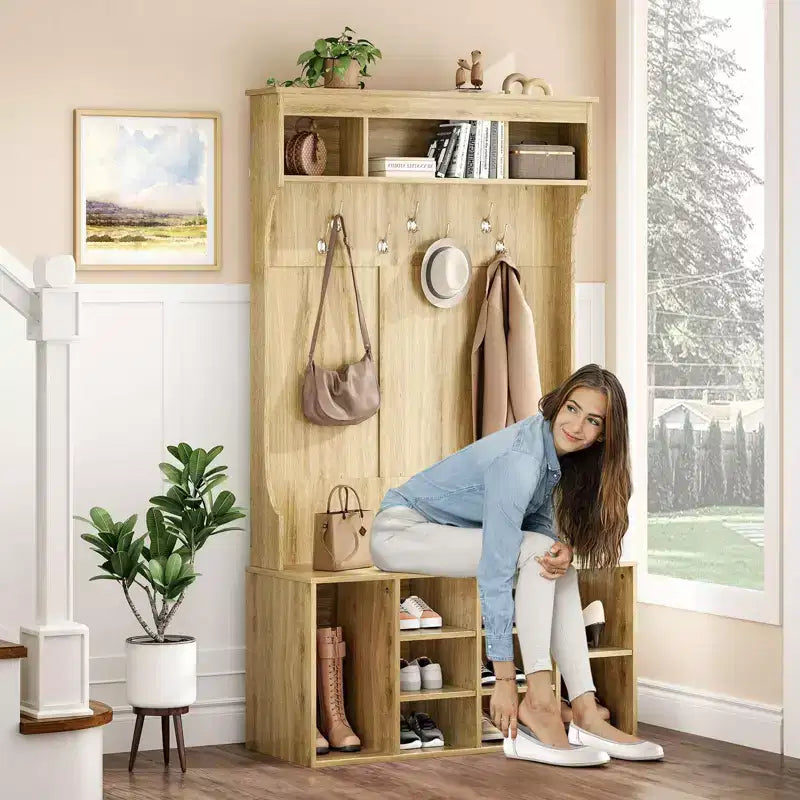 Okak 70.9IN Tall Storage Cabinet with Bench and Shelves, Freestanding Entryway Cabinet with 7 Coat Racks, Entryway Shoe Storage