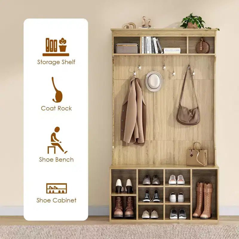 Okak 70.9IN Tall Storage Cabinet with Bench and Shelves, Freestanding Entryway Cabinet with 7 Coat Racks, Entryway Shoe Storage