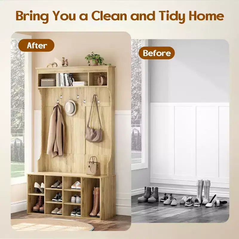 Okak 70.9IN Tall Storage Cabinet with Bench and Shelves, Freestanding Entryway Cabinet with 7 Coat Racks, Entryway Shoe Storage