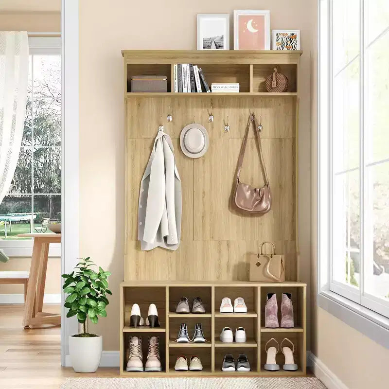Okak 70.9IN Tall Storage Cabinet with Bench and Shelves, Freestanding Entryway Cabinet with 7 Coat Racks, Entryway Shoe Storage