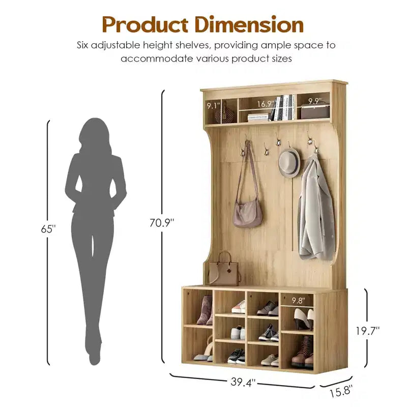 Okak 70.9IN Tall Storage Cabinet with Bench and Shelves, Freestanding Entryway Cabinet with 7 Coat Racks, Entryway Shoe Storage