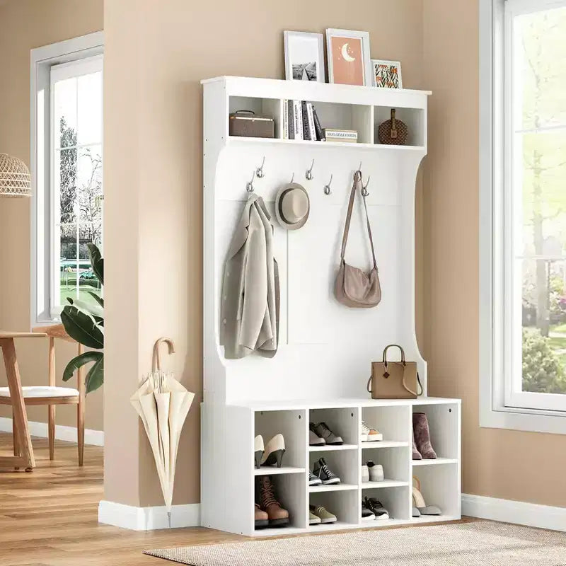 Okak 70.9IN Tall Storage Cabinet with Bench and Shelves, Freestanding Entryway Cabinet with 7 Coat Racks, Entryway Shoe Storage