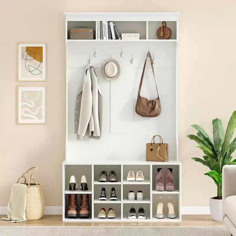 Okak 70.9IN Tall Storage Cabinet with Bench and Shelves, Freestanding Entryway Cabinet with 7 Coat Racks, Entryway Shoe Storage