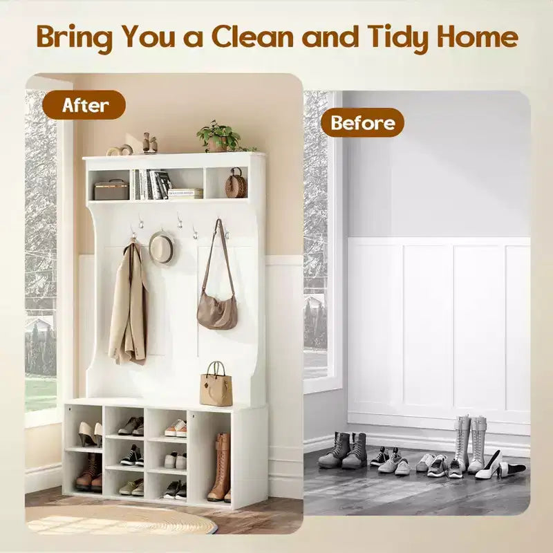 Okak 70.9IN Tall Storage Cabinet with Bench and Shelves, Freestanding Entryway Cabinet with 7 Coat Racks, Entryway Shoe Storage