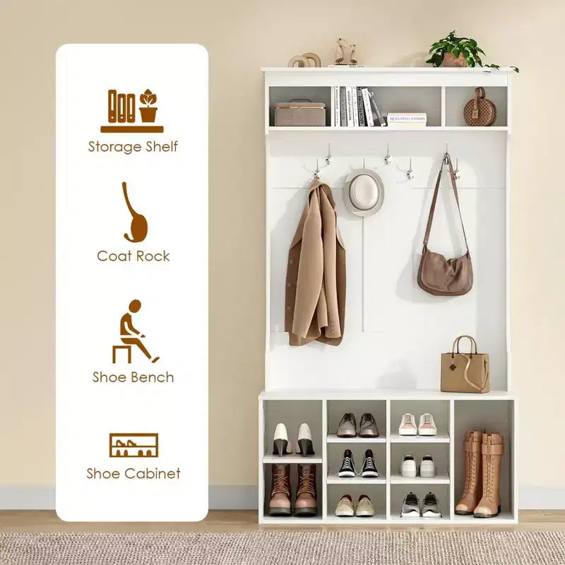 Okak 70.9IN Tall Storage Cabinet with Bench and Shelves, Freestanding Entryway Cabinet with 7 Coat Racks, Entryway Shoe Storage