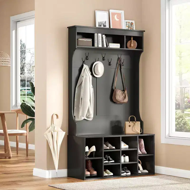Okak 70.9IN Tall Storage Cabinet with Bench and Shelves, Freestanding Entryway Cabinet with 7 Coat Racks, Entryway Shoe Storage