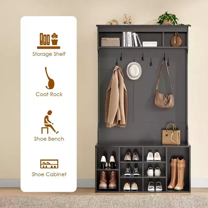 Okak 70.9IN Tall Storage Cabinet with Bench and Shelves, Freestanding Entryway Cabinet with 7 Coat Racks, Entryway Shoe Storage