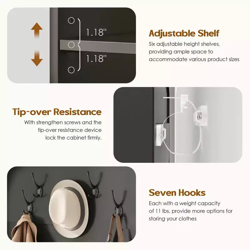 Okak 70.9IN Tall Storage Cabinet with Bench and Shelves, Freestanding Entryway Cabinet with 7 Coat Racks, Entryway Shoe Storage