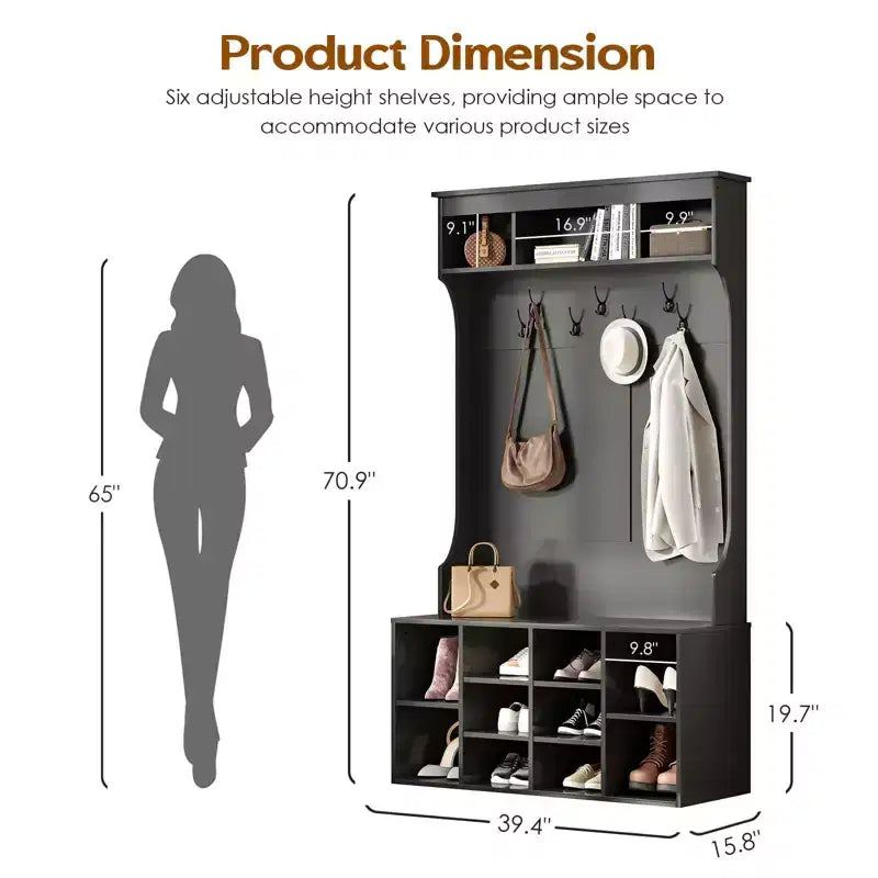 Okak 70.9IN Tall Storage Cabinet with Bench and Shelves, Freestanding Entryway Cabinet with 7 Coat Racks, Entryway Shoe Storage