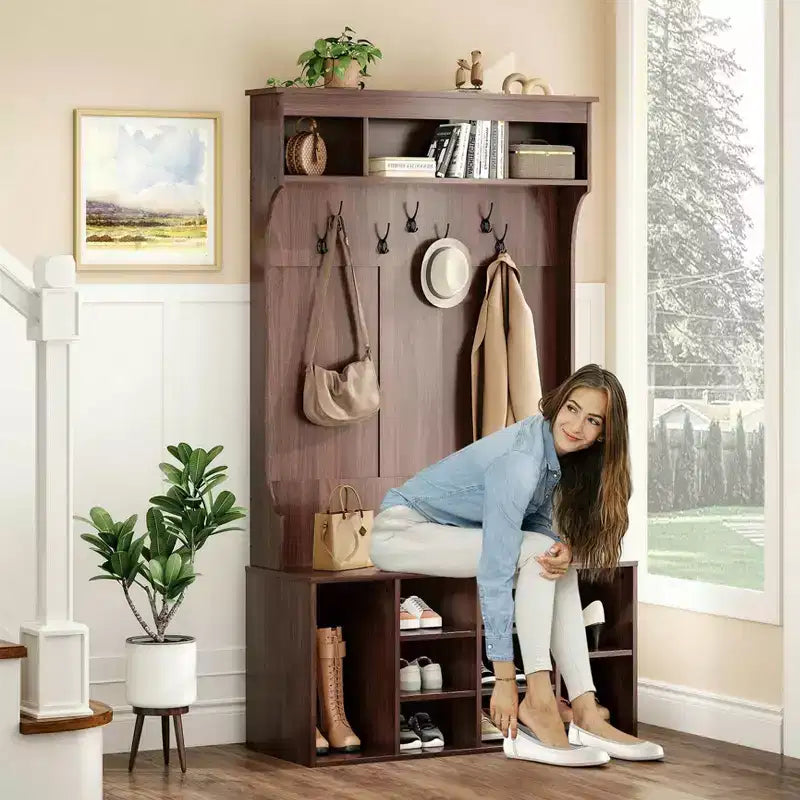 Okak 70.9IN Tall Storage Cabinet with Bench and Shelves, Freestanding Entryway Cabinet with 7 Coat Racks, Entryway Shoe Storage