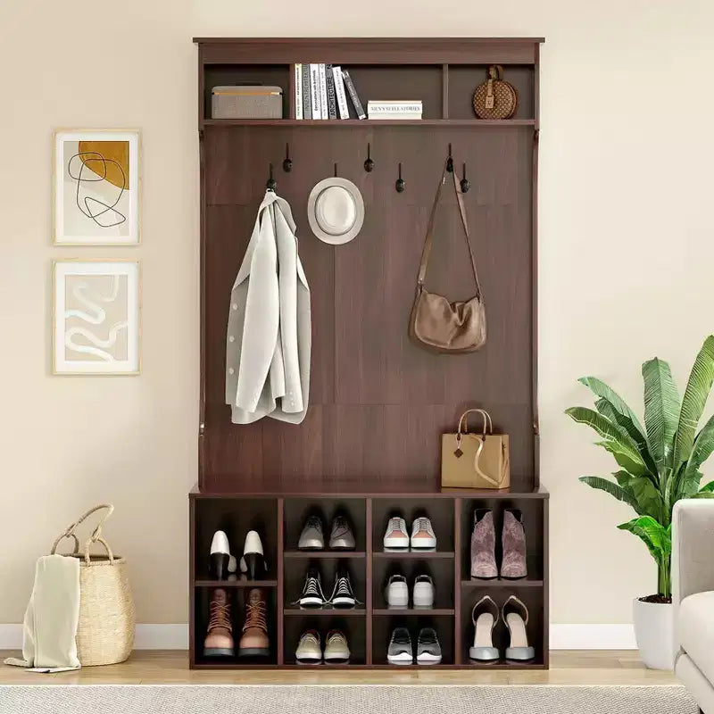 Okak 70.9IN Tall Storage Cabinet with Bench and Shelves, Freestanding Entryway Cabinet with 7 Coat Racks, Entryway Shoe Storage