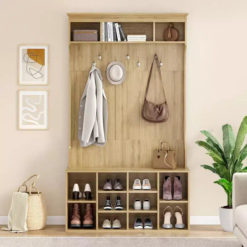 Okak 70.9IN Tall Storage Cabinet with Bench and Shelves, Freestanding Entryway Cabinet with 7 Coat Racks, Entryway Shoe Storage