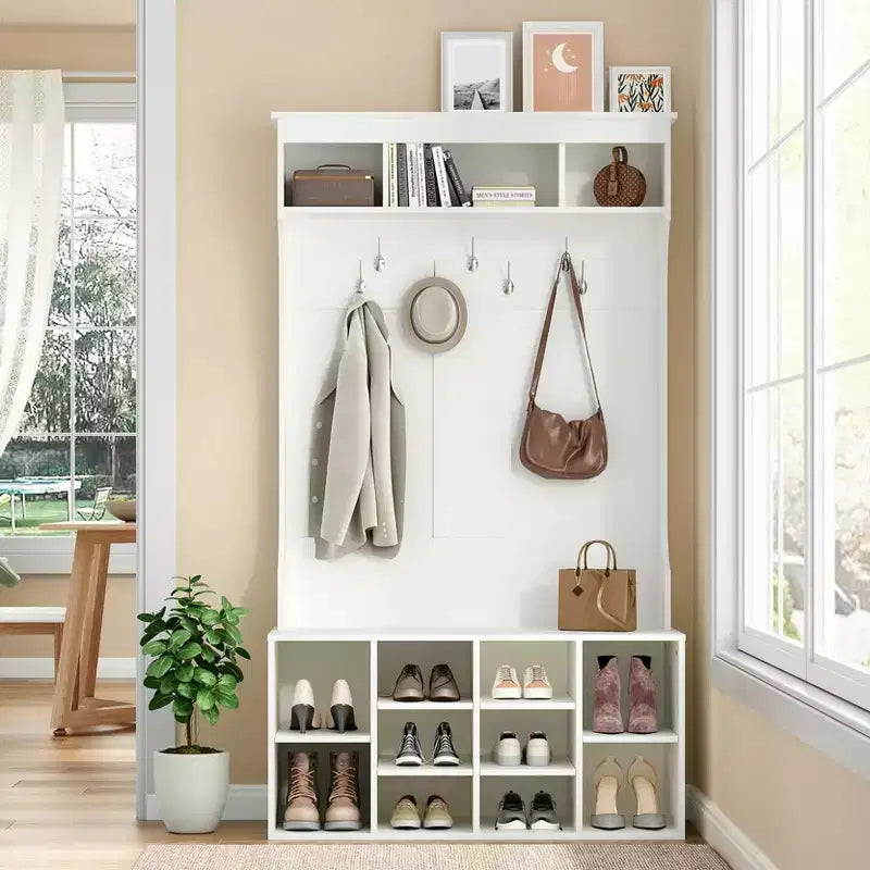 Okak 70.9IN Tall Storage Cabinet with Bench and Shelves, Freestanding Entryway Cabinet with 7 Coat Racks, Entryway Shoe Storage