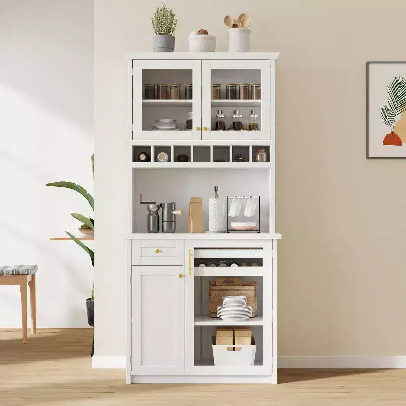 75 Tall Kitchen Pantry Cabinet with Glass Doors, Freestanding Buffet Hutch for Kitchen, Dining Room, or Living Room-Panipeachy