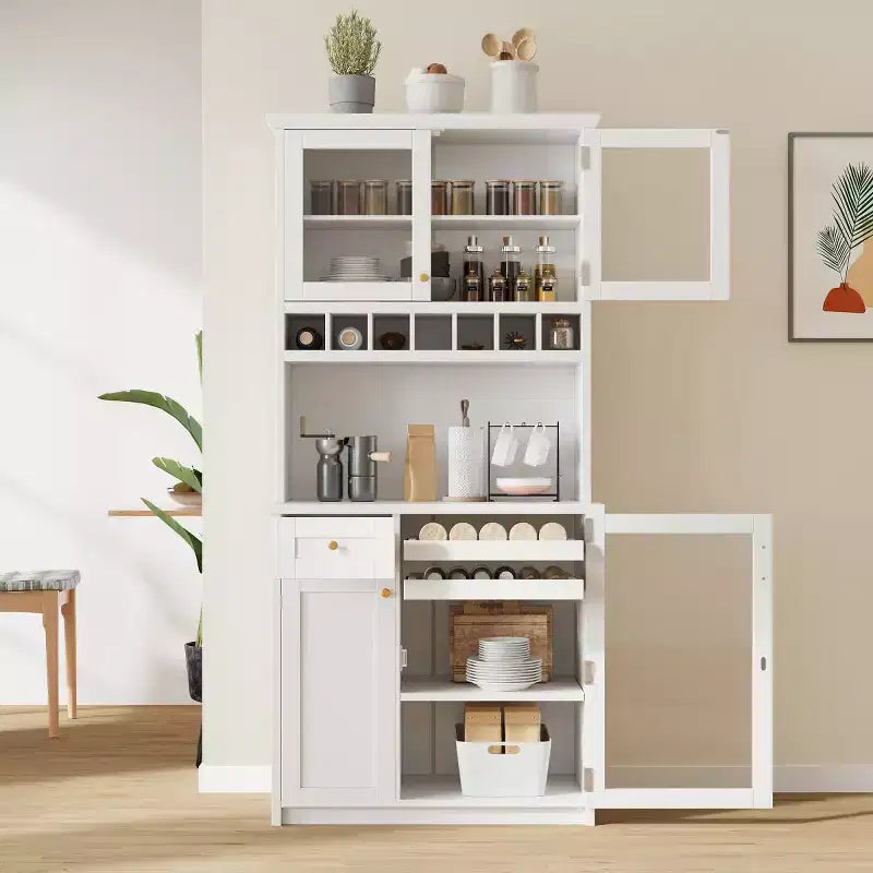 75 Tall Kitchen Pantry Cabinet with Glass Doors, Freestanding Buffet Hutch for Kitchen, Dining Room, or Living Room-Panipeachy