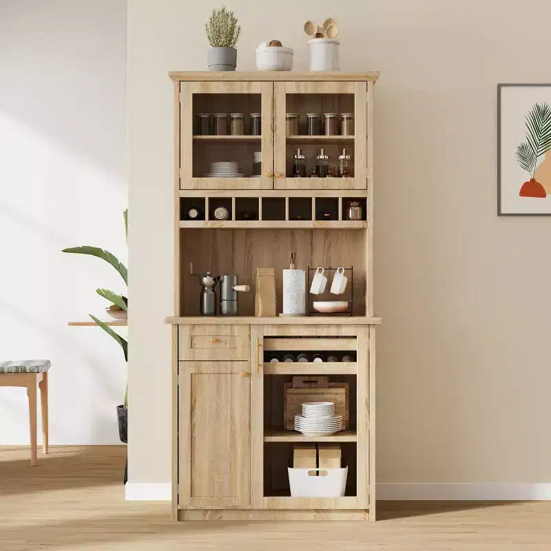 75 Tall Kitchen Pantry Cabinet with Glass Doors, Freestanding Buffet Hutch for Kitchen, Dining Room, or Living Room-Panipeachy